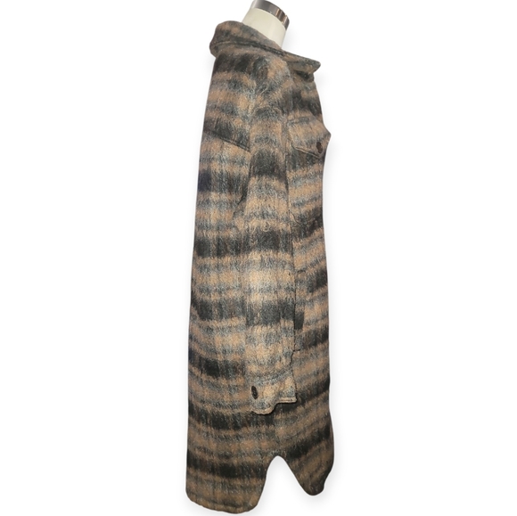 7 For All Mankind car coat Black brown plaid brushed Outerwear longline Medium - Picture 8 of 10